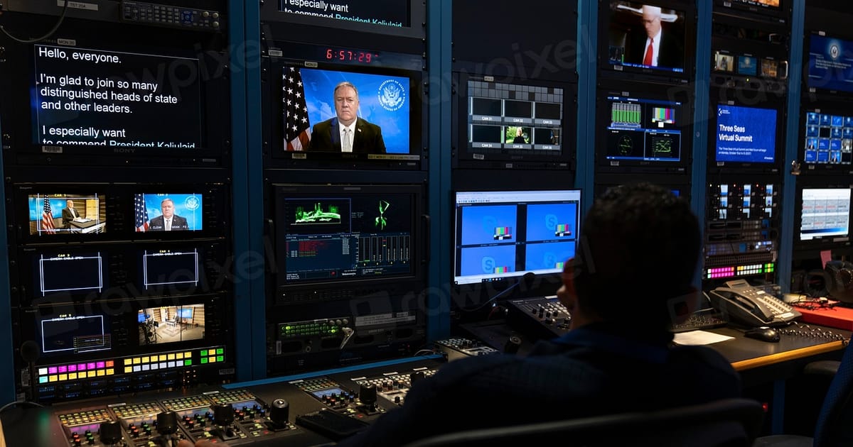Câmeras profissionais posicionadas em um estúdio de gravação para transmissão ao vivo.